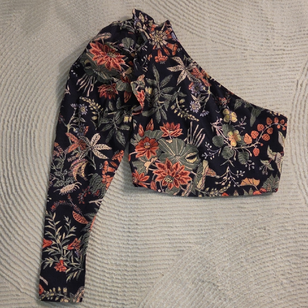 Zara One-Shoulder Floral Crop Top - Black with Coral & Olive